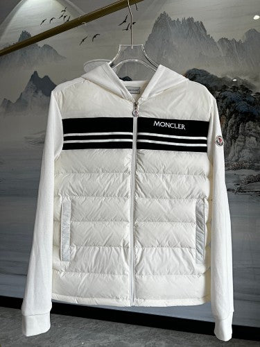 Moncler Men's White Cardigan Zip Hoodie – Black Stripe Quilted Front Hybrid Jacket