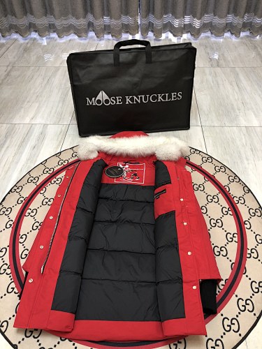 Moose Knuckles Women's Scarlet Red Ballistic Parka – White Fox Fur Trim Pom-Pom Hood Premium Down Long Puffer Coat