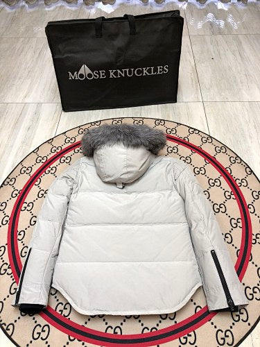 Moose Knuckles Women's Pearl White Stirling Down Jacket – Grey Fox Fur Trim Hood Black MK Hook Multi-Pocket Short Puffer Coat