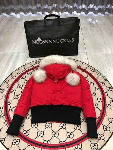 Moose Knuckles Women's Scarlet Red 3Q Parka – White Fox Fur Pom-Pom Trim Hood Gold MK Hook Ribbed Knit Cuff Short Down Coat
