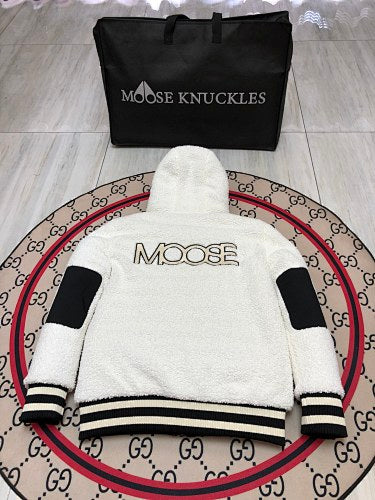 Moose Knuckles Women's Cream White Sherpa Fleece Hoodie Jacket – Teddy Hooded Zip-Up Coat with Rubber Logo Patch