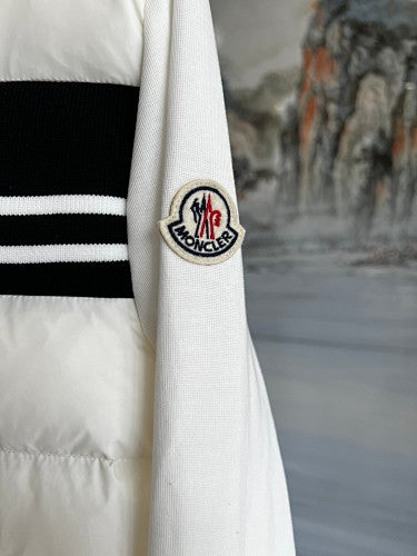 Moncler Men's White Cardigan Zip Hoodie – Black Stripe Quilted Front Hybrid Jacket