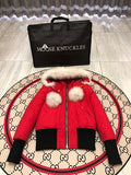 Moose Knuckles Women's Scarlet Red 3Q Parka – White Fox Fur Pom-Pom Trim Hood Gold MK Hook Ribbed Knit Cuff Short Down Coat