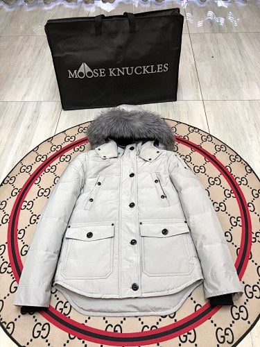 Moose Knuckles Women's Pearl White Stirling Down Jacket – Grey Fox Fur Trim Hood Black MK Hook Multi-Pocket Short Puffer Coat