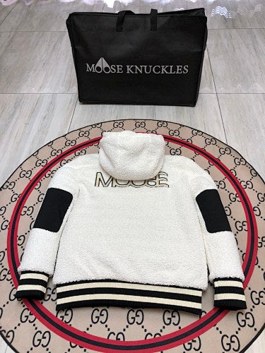 Moose Knuckles Women's Cream White Sherpa Fleece Hoodie Jacket – Teddy Hooded Zip-Up Coat with Rubber Logo Patch