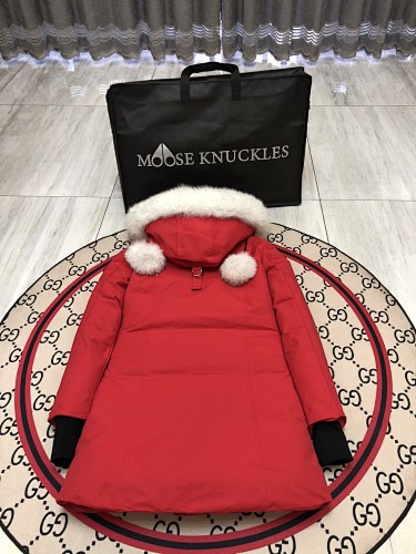 Moose Knuckles Women's Scarlet Red Ballistic Parka – White Fox Fur Trim Pom-Pom Hood Premium Down Long Puffer Coat