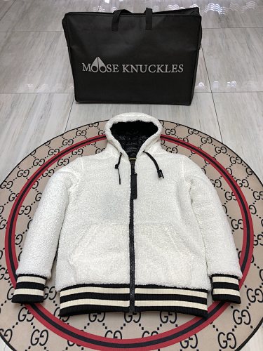 Moose Knuckles Women's Cream White Sherpa Fleece Hoodie Jacket – Teddy Hooded Zip-Up Coat with Rubber Logo Patch