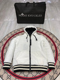 Moose Knuckles Women's Cream White Sherpa Fleece Hoodie Jacket – Teddy Hooded Zip-Up Coat with Rubber Logo Patch