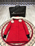Moose Knuckles Women's Scarlet Red Ballistic Parka – White Fox Fur Trim Pom-Pom Hood Premium Down Long Puffer Coat