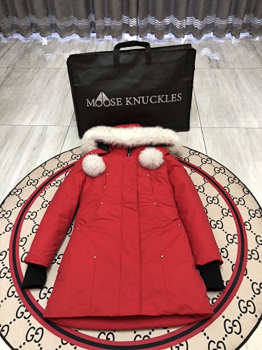 Moose Knuckles Women's Scarlet Red Ballistic Parka – White Fox Fur Trim Pom-Pom Hood Premium Down Long Puffer Coat