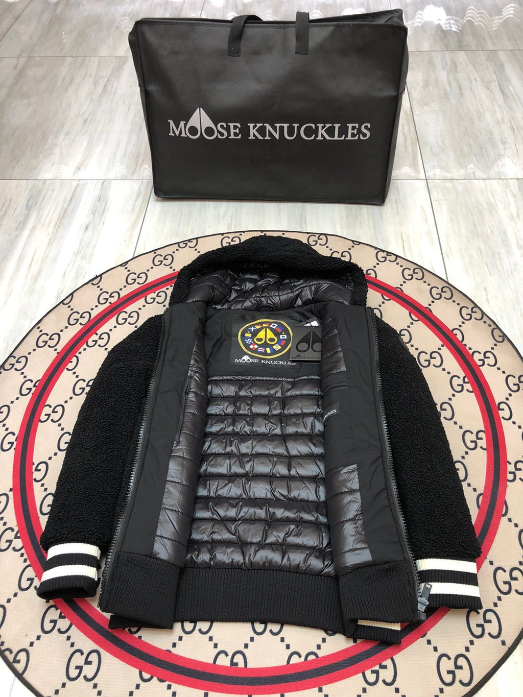 Moose Knuckles Women's Jet Black Sherpa Fleece Hoodie Jacket – Teddy Hooded Zip-Up Coat with Back Logo Stripe Trim Leather Elbow Patch