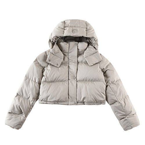 Lululemon Women's Oatmeal Hooded Down Jacket – Tonal Logo Oversized Puffer