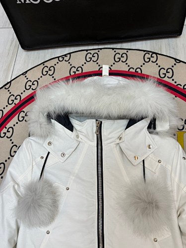 Moose Knuckles Women's Bright White 3Q Down Jacket – White Fox Fur Trim Pom-Pom Hood Silver MK Hook Short Puffer Coat