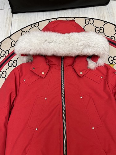 Moose Knuckles Women's Scarlet Red 3Q Down Jacket – White Fox Fur Trim Hood Gold MK Hook Detail Short Puffer Coat