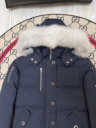 Moose Knuckles Women's Navy Blue Stirling Down Jacket – White Fox Fur Trim Hood Silver MK Hook Snap-Button Short Puffer Coat