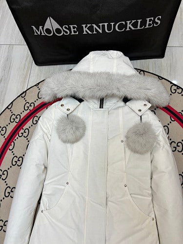 Moose Knuckles Women's White Ballistic Parka – Grey Fox Fur Trim Pom-Pom Hood Premium Down Long Puffer Coat