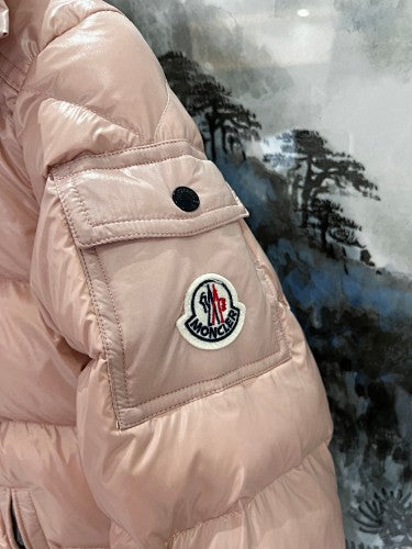Moncler Women's Rose Gold Hooded Down Jacket – Glossy Blush Pink Snap-Front Puffer