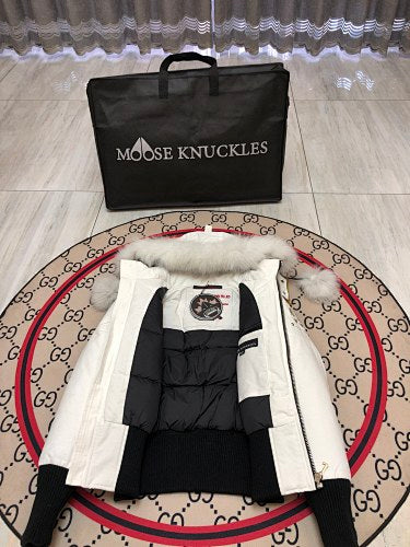 Moose Knuckles Women's Bright White 3Q Down Jacket – White Fox Fur Trim Pom-Pom Hood Silver MK Hook Short Puffer Coat