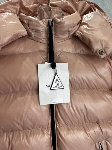Moncler Women's Rose Gold Hooded Down Jacket – Glossy Blush Pink Snap-Front Puffer