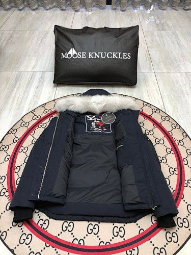 Moose Knuckles Women's Navy Blue Stirling Down Jacket – White Fox Fur Trim Hood Silver MK Hook Snap-Button Short Puffer Coat