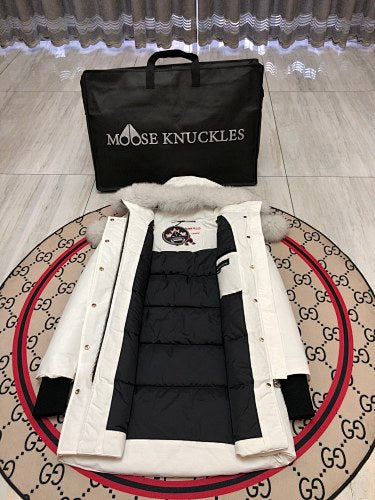 Moose Knuckles Women's White Ballistic Parka – Grey Fox Fur Trim Pom-Pom Hood Premium Down Long Puffer Coat