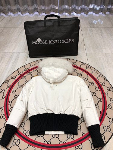 Moose Knuckles Women's Bright White 3Q Down Jacket – White Fox Fur Trim Pom-Pom Hood Silver MK Hook Short Puffer Coat