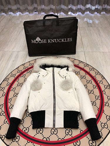 Moose Knuckles Women's Bright White 3Q Down Jacket – White Fox Fur Trim Pom-Pom Hood Silver MK Hook Short Puffer Coat