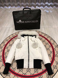 Moose Knuckles Women's Bright White 3Q Down Jacket – White Fox Fur Trim Pom-Pom Hood Silver MK Hook Short Puffer Coat
