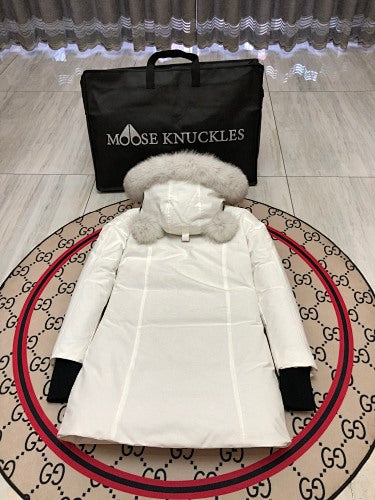 Moose Knuckles Women's White Ballistic Parka – Grey Fox Fur Trim Pom-Pom Hood Premium Down Long Puffer Coat