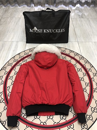 Moose Knuckles Women's Scarlet Red 3Q Down Jacket – White Fox Fur Trim Hood Gold MK Hook Detail Short Puffer Coat