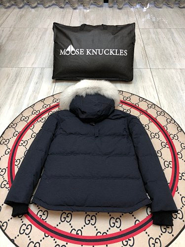 Moose Knuckles Women's Navy Blue Stirling Down Jacket – White Fox Fur Trim Hood Silver MK Hook Snap-Button Short Puffer Coat