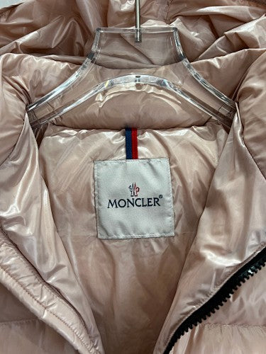 Moncler Women's Rose Gold Hooded Down Jacket – Glossy Blush Pink Snap-Front Puffer