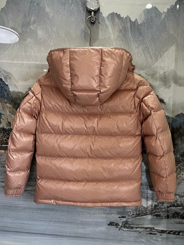 Moncler Women's Rose Gold Hooded Down Jacket – Glossy Blush Pink Snap-Front Puffer