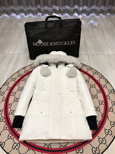 Moose Knuckles Women's White Ballistic Parka – Grey Fox Fur Trim Pom-Pom Hood Premium Down Long Puffer Coat