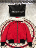 Moose Knuckles Women's Scarlet Red 3Q Down Jacket – White Fox Fur Trim Hood Gold MK Hook Detail Short Puffer Coat