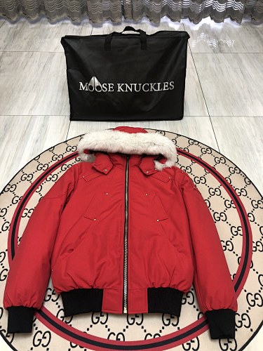 Moose Knuckles Women's Scarlet Red 3Q Down Jacket – White Fox Fur Trim Hood Gold MK Hook Detail Short Puffer Coat