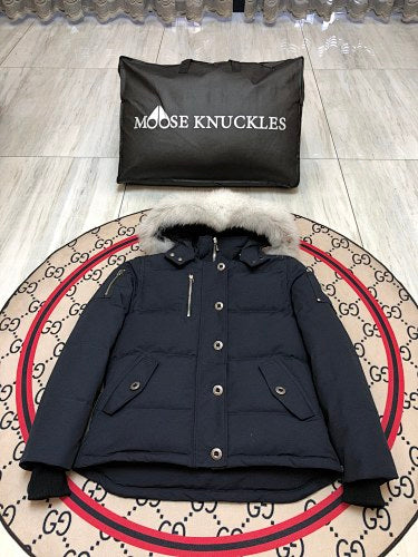 Moose Knuckles Women's Navy Blue Stirling Down Jacket – White Fox Fur Trim Hood Silver MK Hook Snap-Button Short Puffer Coat