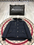 Moose Knuckles Women's Navy Blue Stirling Down Jacket – White Fox Fur Trim Hood Silver MK Hook Snap-Button Short Puffer Coat