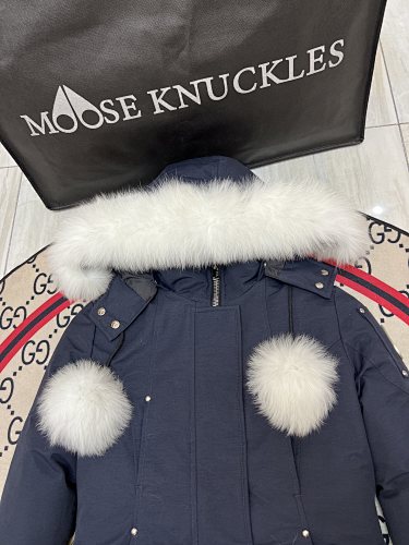 Moose Knuckles Women's Navy Blue Ballistic Parka – White Fox Fur Trim Pom-Pom Hood Premium Down Long Puffer Coat