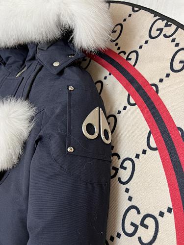 Moose Knuckles Women's Navy Blue Ballistic Parka – White Fox Fur Trim Pom-Pom Hood Premium Down Long Puffer Coat