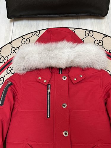 Moose Knuckles Women's Scarlet Red Stirling Down Jacket – White Fox Fur Trim Hood Gold MK Hook Snap-Button Short Puffer Coat