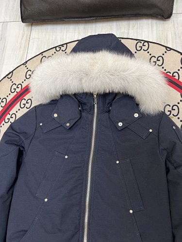 Moose Knuckles Women's Navy Blue 3Q Down Jacket – White Fox Fur Trim Hood MK Hook Detail Short Puffer Coat