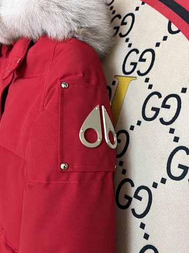 Moose Knuckles Women's Scarlet Red Stirling Down Jacket – White Fox Fur Trim Hood Gold MK Hook Snap-Button Short Puffer Coat