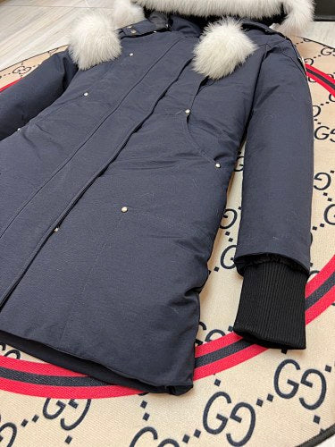 Moose Knuckles Women's Navy Blue Ballistic Parka – White Fox Fur Trim Pom-Pom Hood Premium Down Long Puffer Coat