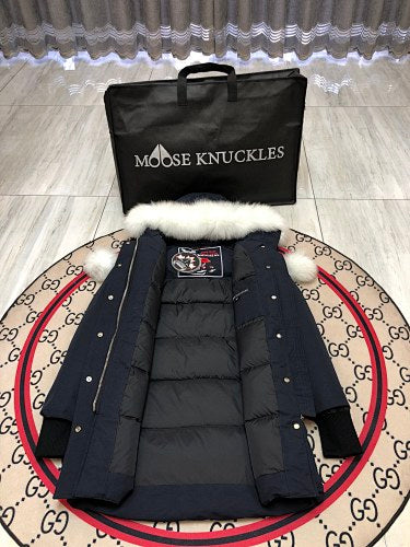 Moose Knuckles Women's Navy Blue Ballistic Parka – White Fox Fur Trim Pom-Pom Hood Premium Down Long Puffer Coat