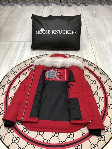 Moose Knuckles Women's Scarlet Red Stirling Down Jacket – White Fox Fur Trim Hood Gold MK Hook Snap-Button Short Puffer Coat