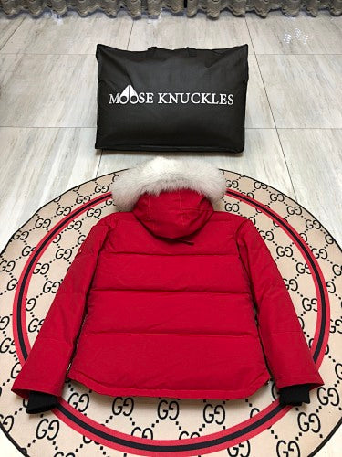 Moose Knuckles Women's Scarlet Red Stirling Down Jacket – White Fox Fur Trim Hood Gold MK Hook Snap-Button Short Puffer Coat