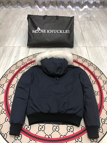 Moose Knuckles Women's Navy Blue 3Q Down Jacket – White Fox Fur Trim Hood MK Hook Detail Short Puffer Coat