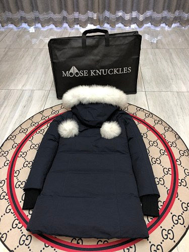 Moose Knuckles Women's Navy Blue Ballistic Parka – White Fox Fur Trim Pom-Pom Hood Premium Down Long Puffer Coat
