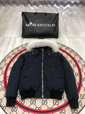 Moose Knuckles Women's Navy Blue 3Q Down Jacket – White Fox Fur Trim Hood MK Hook Detail Short Puffer Coat